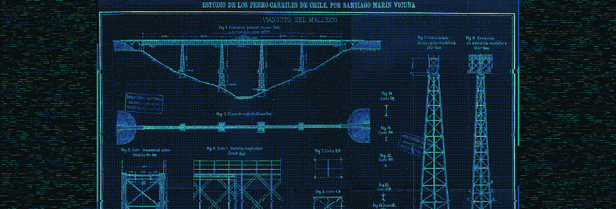 Plano de 1900 del Viaducto del Malleco: el puente de perfil sobre la quebrada, su planta y el detalle de una pila metálica.