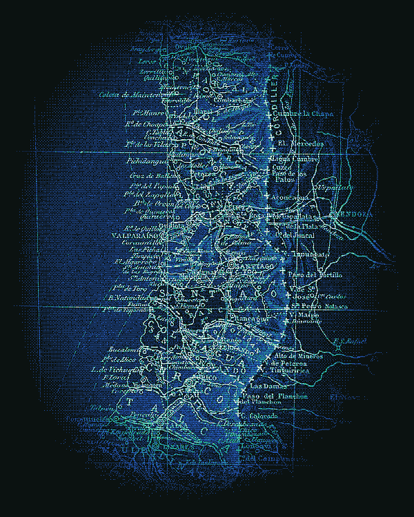Mapa antiguo de Chile central, con Valparaíso y Santiago al centro, en verde y azul sobre fondo negro.