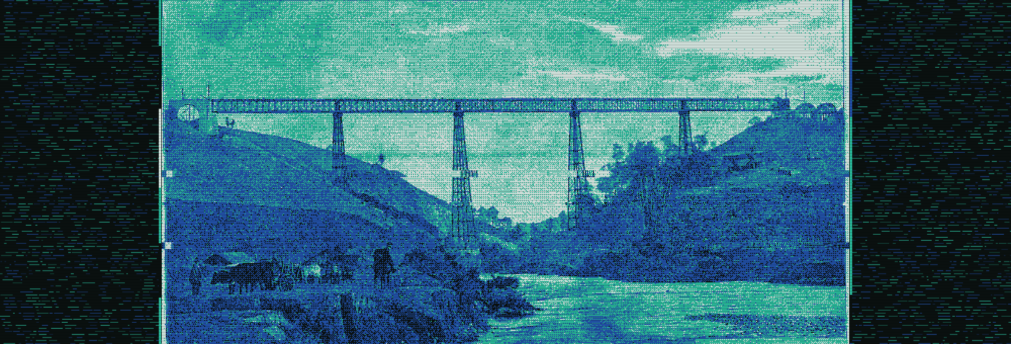 Grabado del Viaducto del Malleco: un puente de fierro sobre cuatro pilas altas cruza la quebrada; abajo, junto al río, un jinete con poncho y carretas con bueyes.